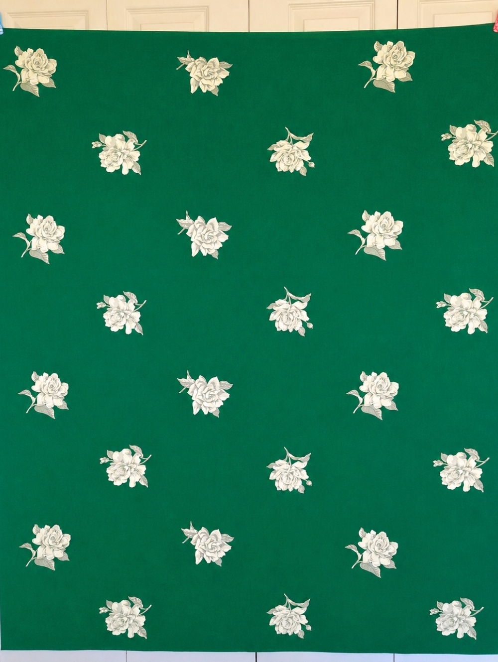 Mid Century Wilendur Tablecloth Cotton 54" X 66" Green White Roses
